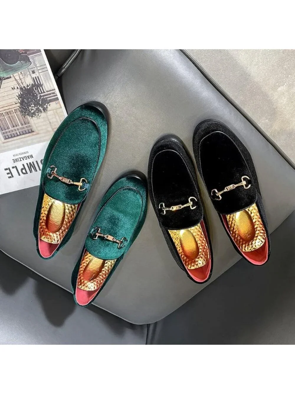 LCQL Men's Green Leather Velvet Loafer Gold Buckle Slip On Comfortable Shoes